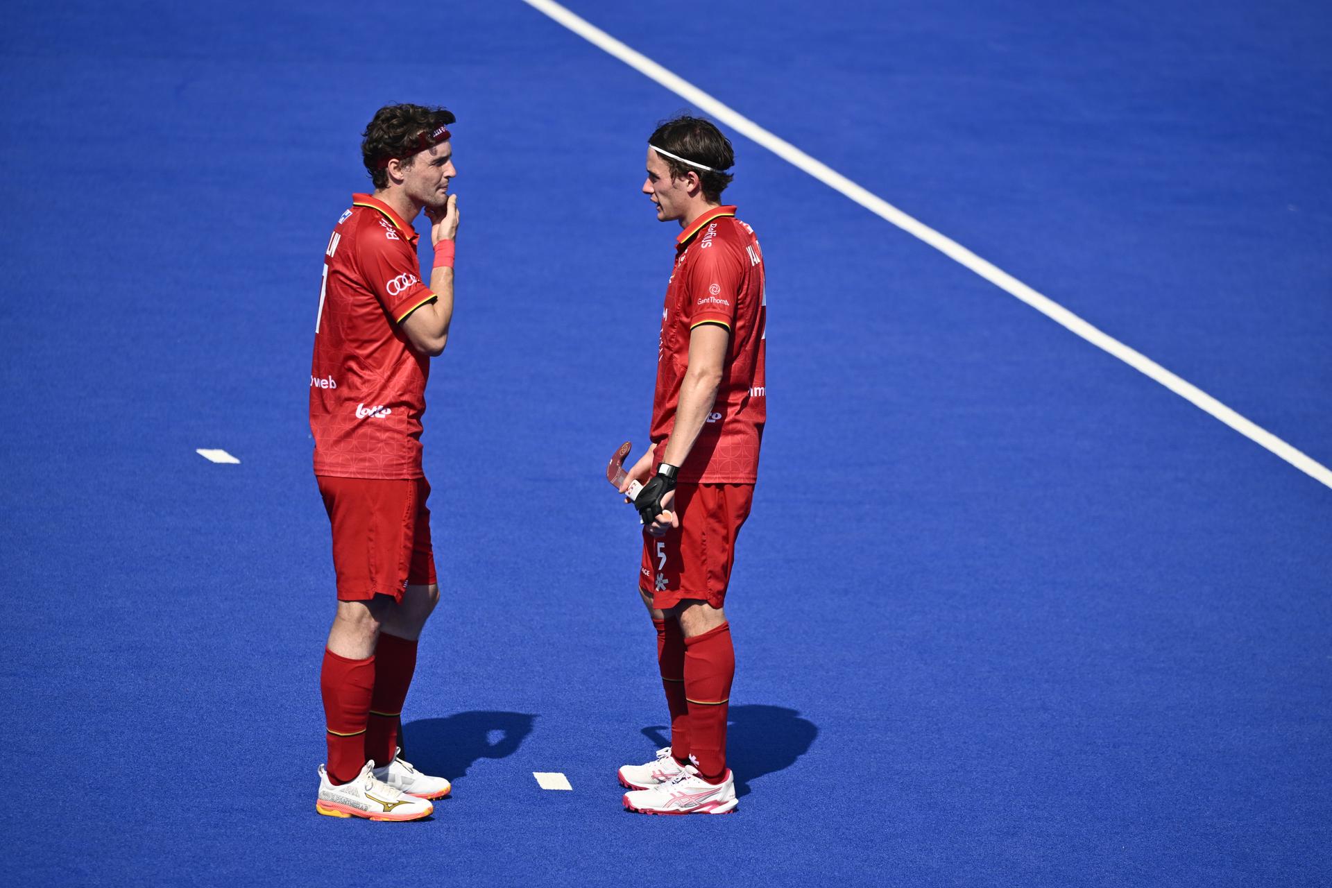 The Red Lions react during a hockey game between Spain and the Belgian national team Red Lions, match 3/3 in the pool stage of the 2025 men's European championships, Tuesday 12 August 2025 in Monchengladbach, Germany.  BELGA PHOTO ERIC LALMAND