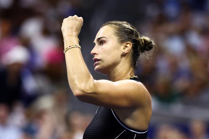 Belarus's Aryna Sabalenka celebrates after her victory against USA's Jessica Pegula during the women's singles semi-final tennis match on day twelve of the US Open tennis tournament at the USTA Billie Jean King National Tennis Center in New York City on September 10, 2026.  CHARLY TRIBALLEAU / AFP