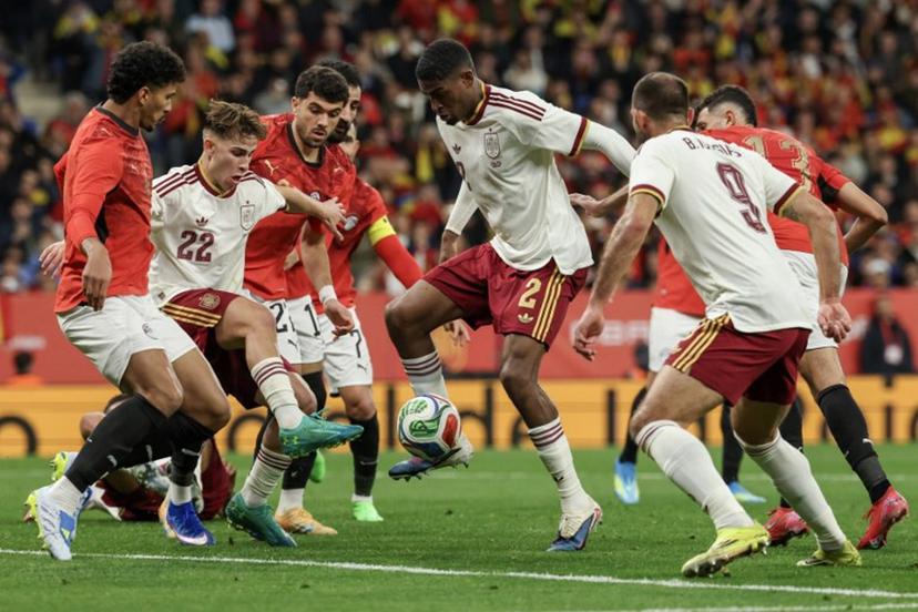 Spain's defender #02 Christhian Mosquera (C) controls the ball during the international friendly football match between Spain and Egypt at RCDE Stadium in Cornella de Llobregat, near Barcelona, on March 31, 2026.  Lluis GENE / AFP