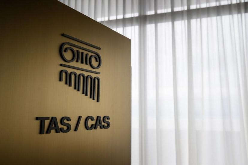 A sign of the Court of Arbitration of Sport (CAS) is seen during the inauguration of its new headquarters in Lausanne on June 27, 2022. The ceremony marked the conclusion of the building works that started in 2019 following the purchase by the International Council of Arbitration for Sport (ICAS) of the south wing of the Lausanne's Palais de Beaulieu in order to provide a permanent home for the CAS. Fabrice COFFRINI / AFP
