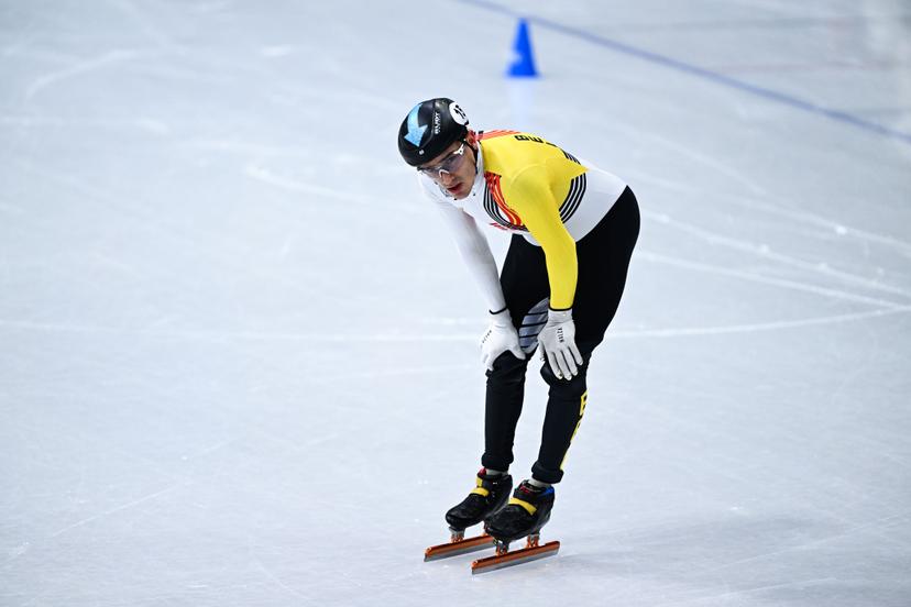 Belgian shorttrack skater Stijn Desmet looks dejected after the quarterfinals of the men's 1500m Short Track Speed Skating, at the Milano Cortina 2026 Olympic Winter Games, on Saturday 14 February 2026 in Milan, Italy. The XXV Winter Olympics take place from 6 to 22 February 2026 in Italy. BELGA PHOTO JASPER JACOBS