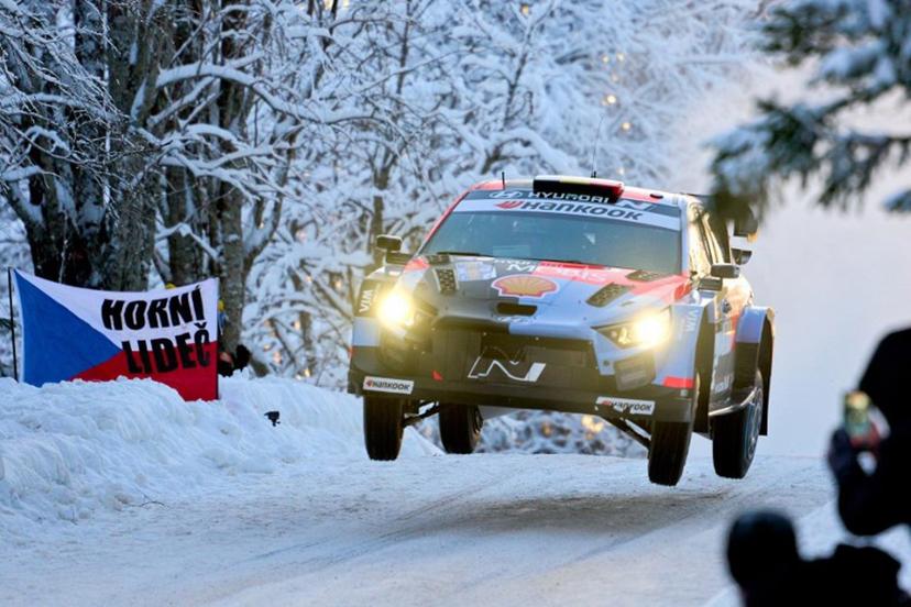 Belgian driver Thierry Neuville and co-driver Martijn Wydaeghe compete in their Hyundai i20 N Rally during Rally Sweden, the second round of the FIA World Rally Championship in Umea, Sweden, on February 13, 2026.    Peo MOLLER / TT NEWS AGENCY / AFP