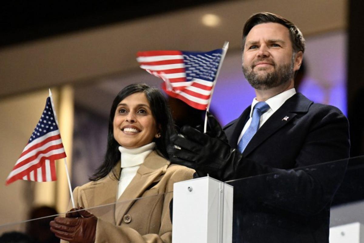US Vice President JD Vance and US second lady Usha Vance watch the opening ceremony of the Milano Cortina 2026 Winter Olympic Games at the San Siro stadium in Milan, northern Italy, on February 6, 2026.  Alexander NEMENOV / AFP