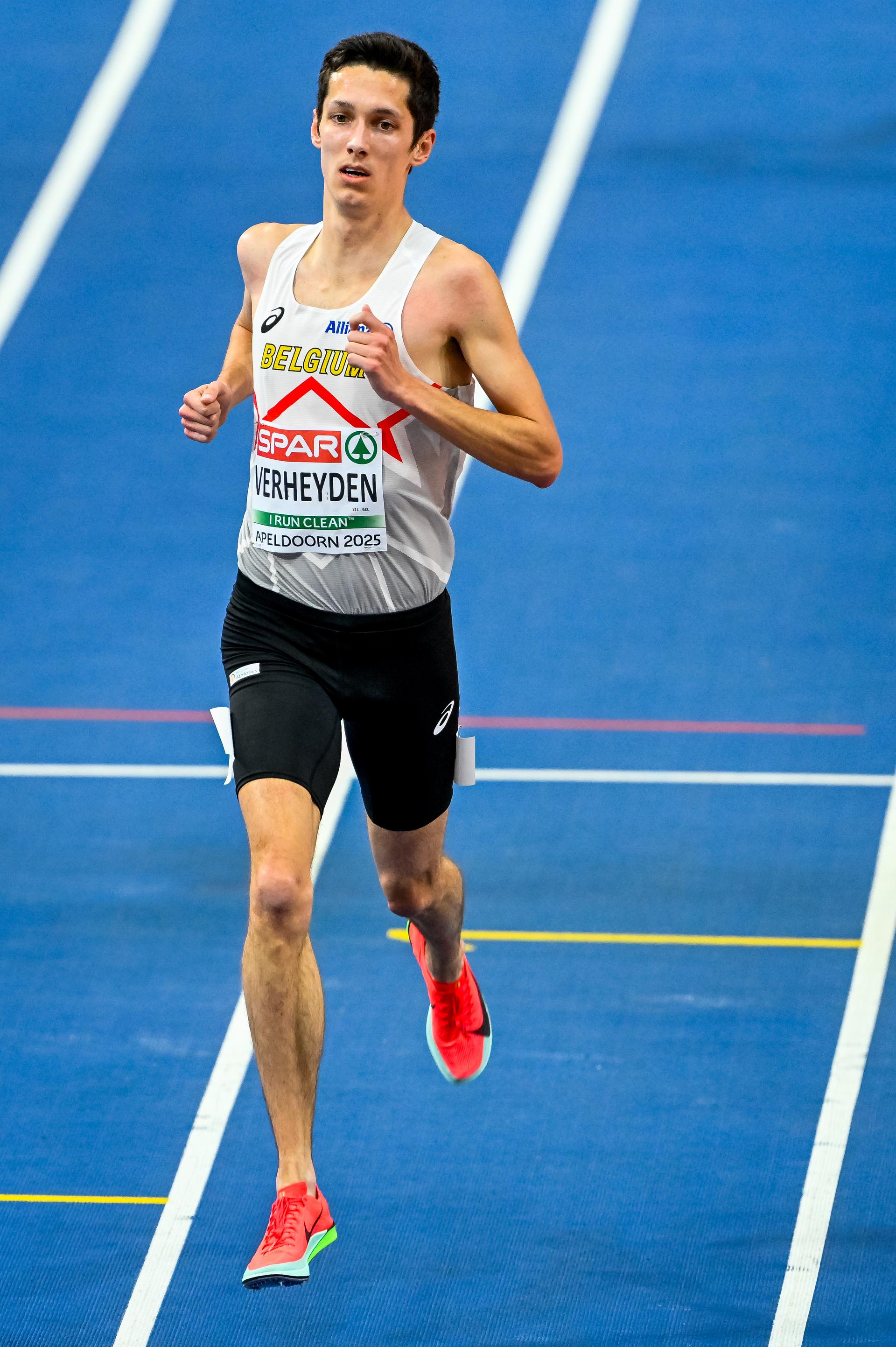 Belgian Ruben Verheyden pictured in action during the 1500m race, at the European Athletics Indoor Championships, in Apeldoorn, The Netherlands, Friday 07 March 2025. The championships take place from 6 to 9 March. BELGA PHOTO ERIC LALMAND