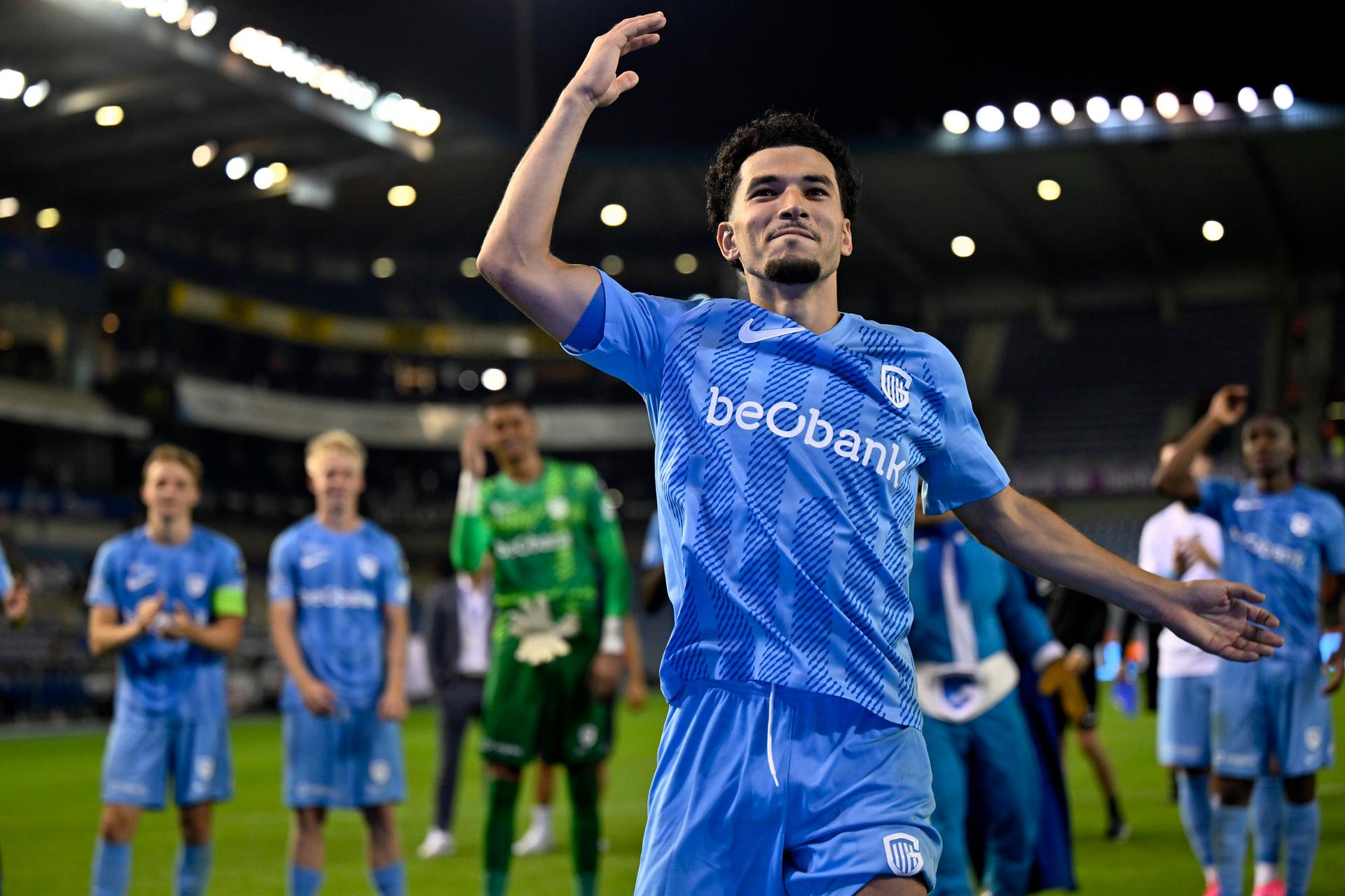 Genk's Zakaria El Ouahdi celebrates after winning a soccer match between KRC Genk and KVC Westerlo, Saturday 15 August 2026 in Genk, on day 2 of the 2026-2027 'Jupiler Pro League' first division of the Belgian championship. BELGA PHOTO JOHAN EYCKENS