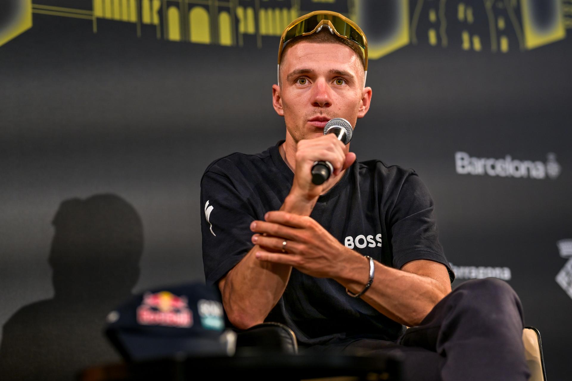 Belgian Remco Evenepoel of Red Bull-BORA-hansgrohe pictured during a press conference ahead of the 2026 Tour de France cycling race, Thursday 02 July 2026, in Barcelona, Spain. The 113th edition of the Tour de France starts on Saturday 4 July in Barcelona, Spain, and will finish in Paris, France on the 26th of July. BELGA PHOTO DAVID PINTENS