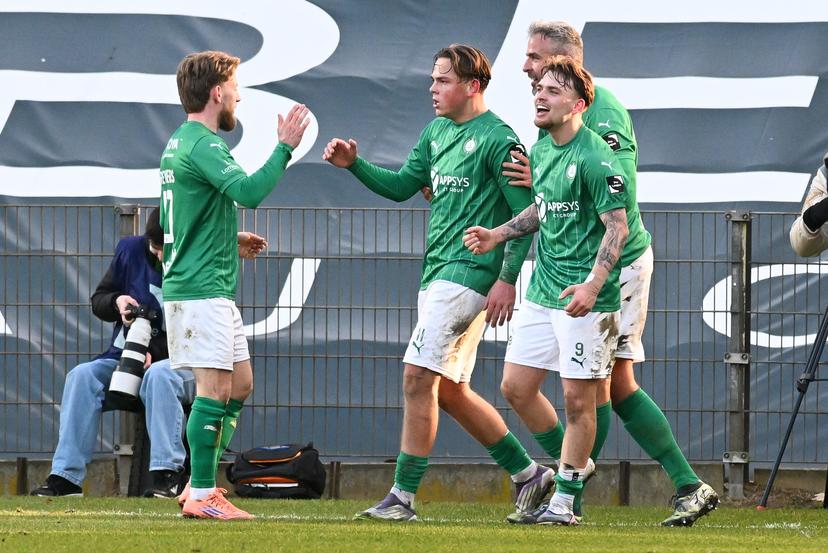 Lommel's Robin van Duiven celebrates after scoring during a soccer game between Lommel SK and RSCA Futures, Saturday 14 February 2026 in Lommel, on day 25 of the 2025-2026 'Challenger Pro League' 1B second division of the Belgian championship. BELGA PHOTO JILL DELSAUX