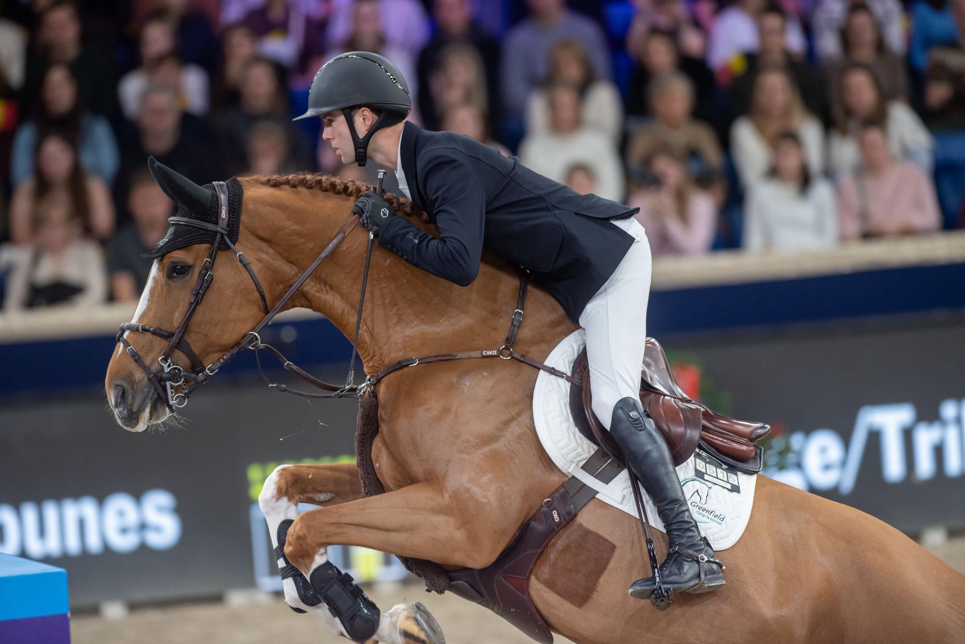 Belgian rider Gilles Thomas with Qalista DN is pictured during the FEI World Cup Jumping competition at the "Vlaanderens Kerstjumping" equestrian event in Mechelen on Tuesday 30 December 2025. BELGA PHOTO JONAS ROOSENS