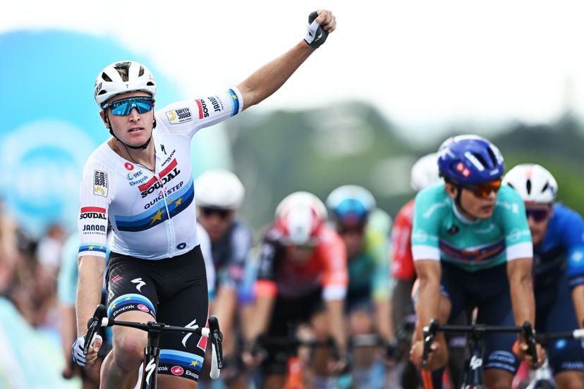 Belgian Tim Merlier of Soudal Quick-Step celebrates after winning the fourth stage of the 'Renewi Tour' multi-stage cycling race, from Riemst to Bilzen-Hoeselt (196 km) on Saturday 23 August 2025. The five-day race takes place in Belgium and the Netherlands.  BELGA PHOTO DAVID PINTENS