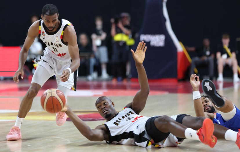 Belgium's captain Kevin Tumba fights for the ball during a basketball match between Belgian national team Belgian Lions and France, Friday 03 July 2026 in Antwerp, qualifier 5/6 for the men's 2027 FIBA World Championships. BELGA PHOTO VIRGINIE LEFOUR