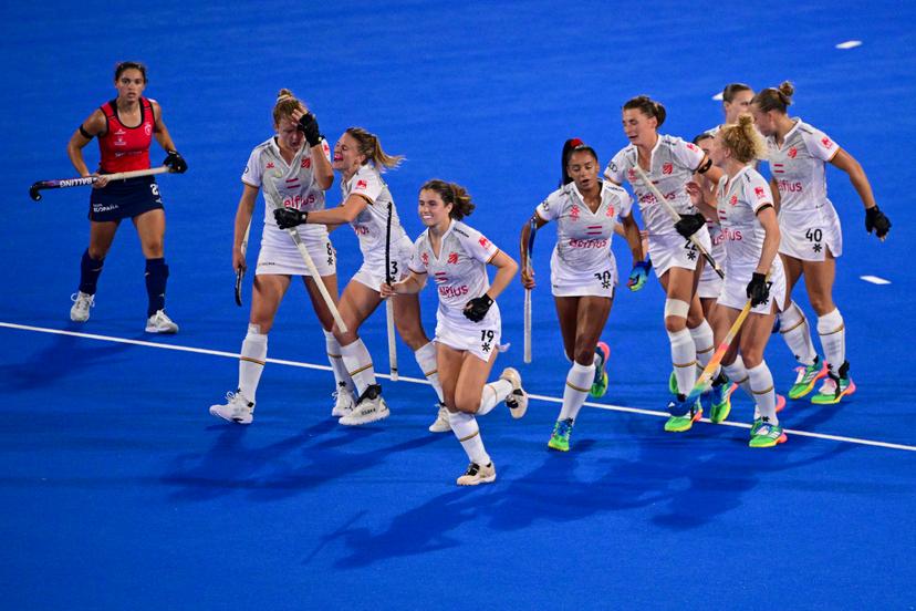 The Red Panthers celebrate after scoring during a field hockey game between Belgian national team Red Panthers and Spain during the group stage of the women's 2026 Hockey World Cup, on Tuesday 18 August 2026, in Wavre. The 2026 edition of the Hockey World Cup takes place in Belgium and The Netherlands from August 15 to August 30. BELGA PHOTO DIRK WAEM