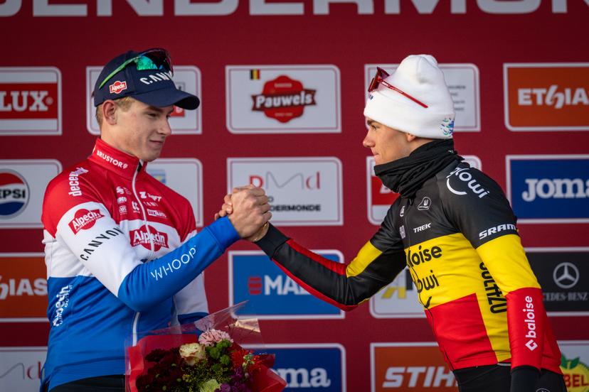 Dutch Tibor Del Grosso and Belgian Thibau Nys pictured on the podium after the men's elite race at the World Cup cyclocross cycling event in Dendermonde, Belgium, stage 8 (out of 12) of the UCI World Cup cyclocross competition, Sunday 28 December 2025. BELGA PHOTO DAVID PINTENS