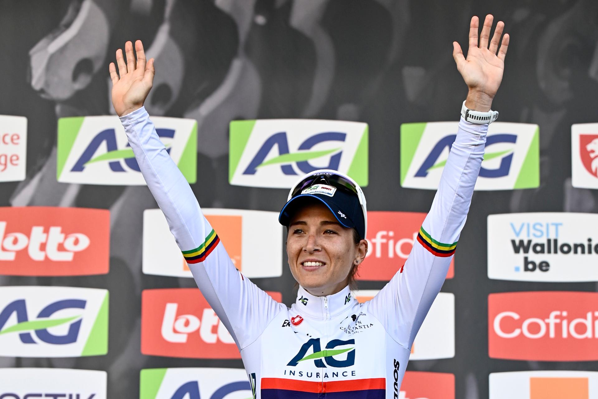 Kim Le Court celebrates on the podium after winning the women elite race of the Liege-Bastogne-Liege one day cycling event, 152,9km from Bastogne to Liege, Sunday 27 April 2025. BELGA PHOTO ERIC LALMAND