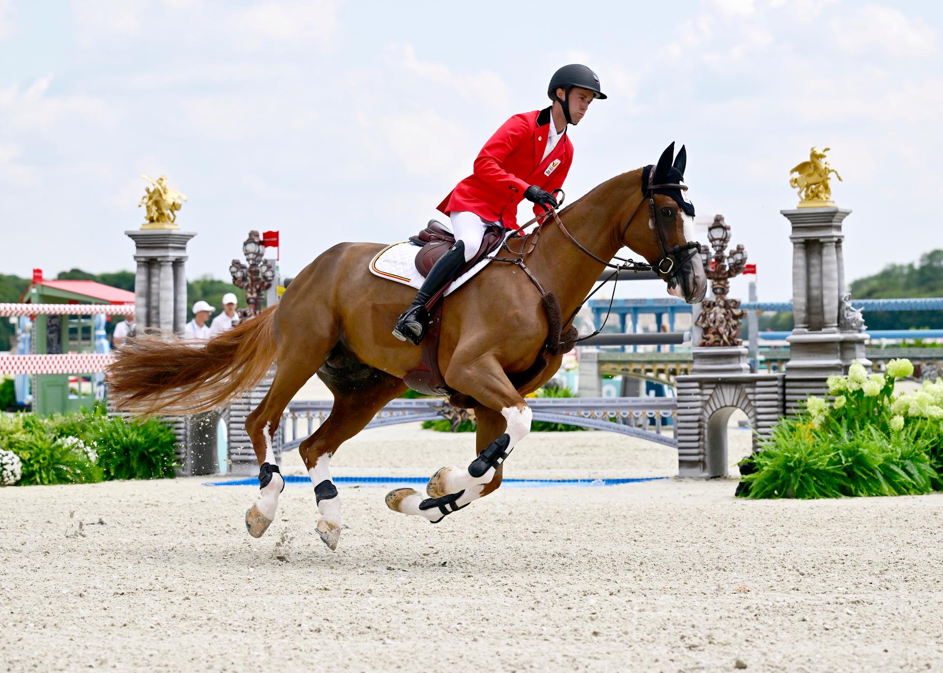 Belgian rider Gilles Thomas and his horse Ermitrage Kalone pictured in action during the Equestrian Jumping Team final at the Paris 2024 Olympic Games, on Friday 02 August 2024 in Paris, France. The Games of the XXXIII Olympiad are taking place in Paris from 26 July to 11 August. The Belgian delegation counts 165 athletes competing in 21 sports. BELGA PHOTO DIRK WAEM