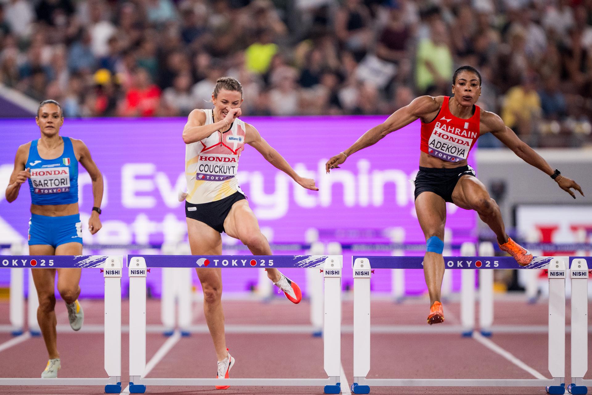Belgian Paulien Couckuyt pictured in action during the semifinals of the 400m Hurdles women, at the World Athletics Championships in Tokyo, Japan, on Wednesday 17 September 2025.The outdoor Worlds are taking place from 13 to 21 September. BELGA PHOTO JASPER JACOBS