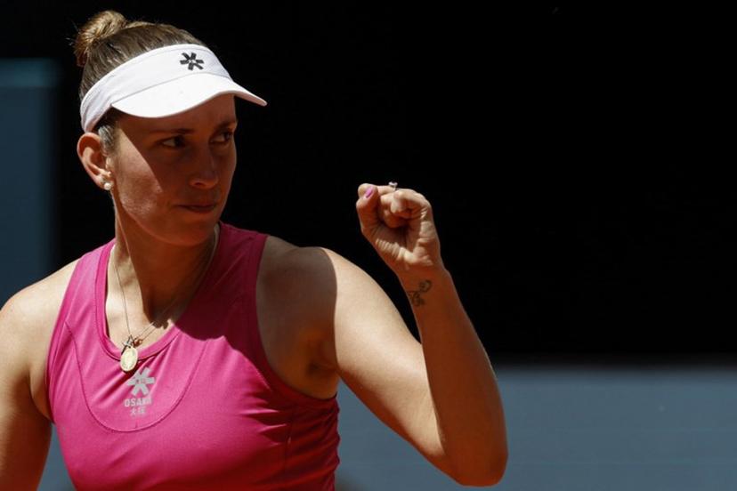 Belgium's Elise Mertens reacts after winning a game point to Czech Republic's Karolina Pliskova during their 2026 WTA Tour Madrid Open tennis tournament singles match at the Caja Magica in Madrid, on April 26, 2026.   OSCAR DEL POZO / AFP