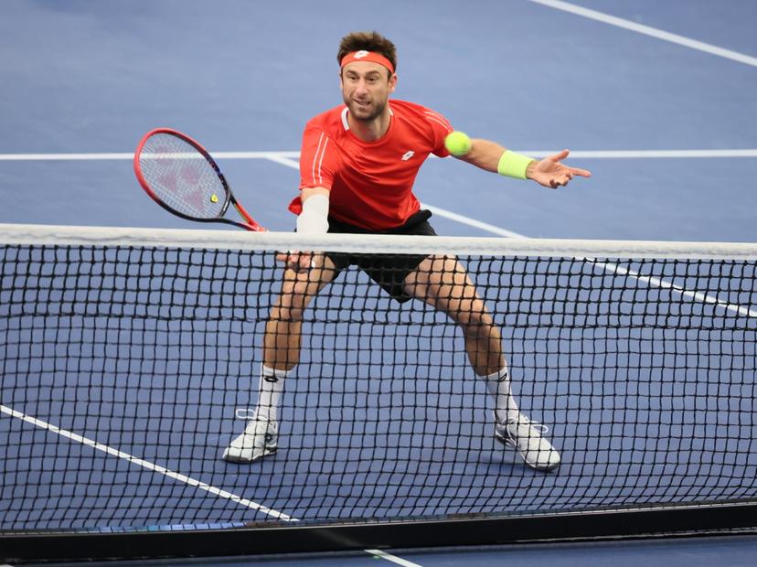 Belgian Sander Gille and pictured during a double game between Belgian pair Gille-Vliegen and Chilean pair Barrios Vera-Jarry, the third match in the Davis Cup qualifiers World Group tennis meeting between Belgium and Chile, , in Hasselt. BELGA PHOTO BENOIT DOPPAGNE