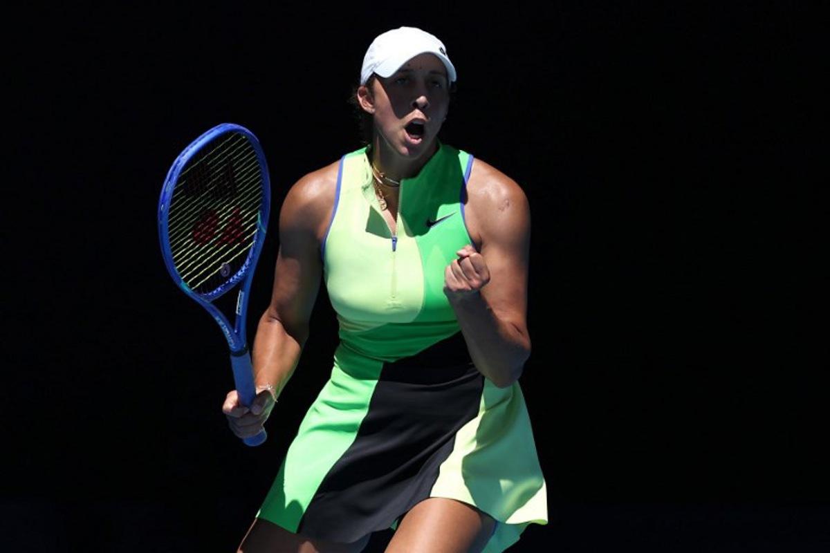 USA's Madison Keys reacts on a match point against Czech Republic's Karolina Pliskova during their women's singles match on day seven of the Australian Open tennis tournament in Melbourne on January 24, 2026.  Martin KEEP / AFP