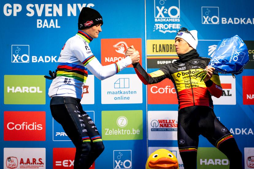 Dutch Mathieu Van Der Poel and Belgian Thibau Nys pictured on the podium after the men's elite race of the 'GP Sven Nys' cyclocross cycling event on Thursday 01 January 2026 in Baal, stage 6/8 in the X2O Badkamers 'Trofee Veldrijden' competition. BELGA PHOTO DAVID PINTENS