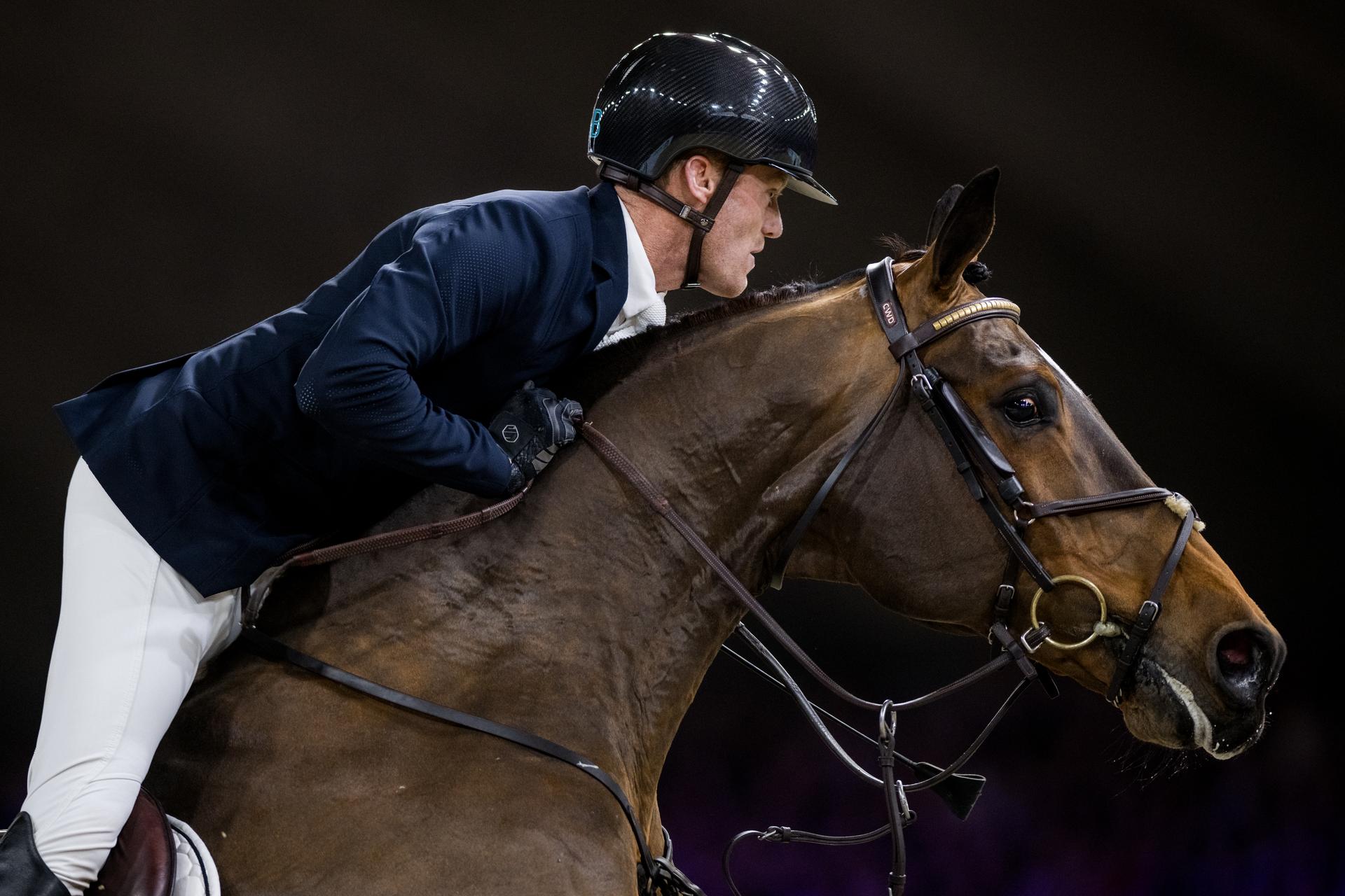 Belgian rider Niels Bruynseels with Delux van T & L pictured in action during the FEI World Cup Jumping competition at the 'Vlaanderens Kerstjumping - Memorial Eric Wauters' equestrian event in Mechelen on Saturday 30 December 2023. BELGA PHOTO JASPER JACOBS