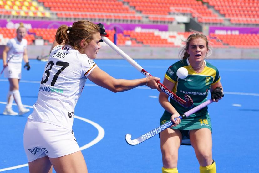 Belgium's France De Mot pictured in action during a hockey match between Belgian Red Panthers and South Africa, Sunday 03 July 2022 in Terrassa, Spain, game 1/3 in pool D of the group stage of the 2022 Women's FIH world cup.  BELGA PHOTO JOMA GARCIA
