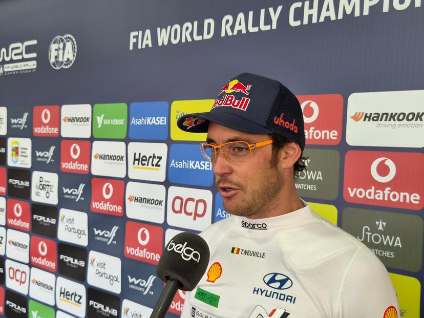 Belgian rally driver Thierry Neuville and pictured talking to the press after the second stage of the Rally de Portugal event in Matosinhos, Portugal on Thursday 07 May 2026. BELGA PHOTO ERIC DUPAIN