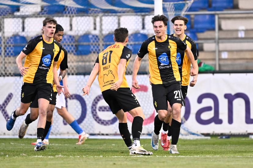 Lierse's Bo De Kerf celebrates after scoring during a soccer game between Jong Genk and Lierse SK, Friday 18 April 2025 in Geel, on the 30th and last day of the 2024-2025 'Challenger Pro League' 1B second division of the Belgian championship. BELGA PHOTO JOHAN EYCKENS