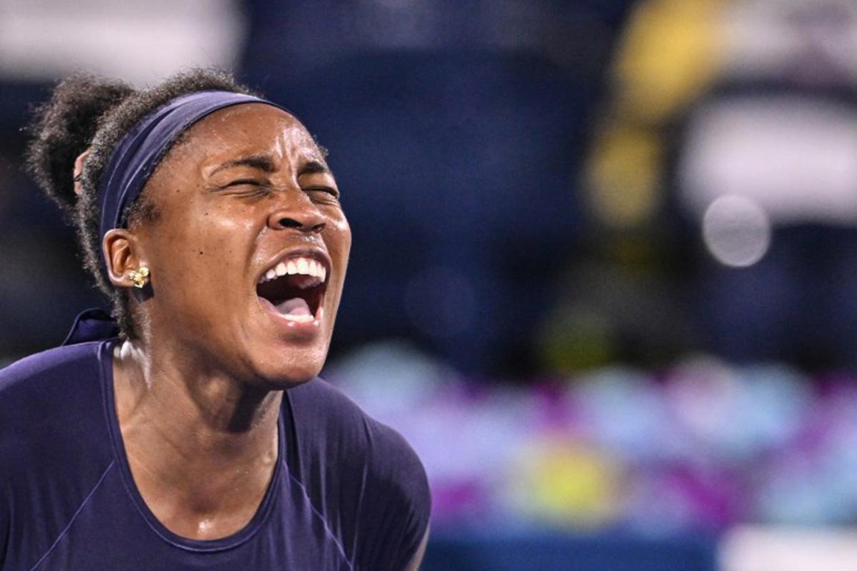 US' Coco Gauff reacts during her match against Ukraine's Elina Svitolina in the women's singles semi-final match  at the Dubai Duty Free Tennis tournament in Dubai on February 20, 2026.  Ryan Lim / AFP