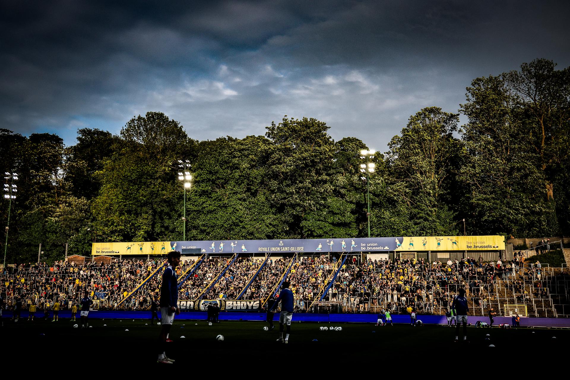 this picture shows the Union's Stade Joseph Marien (Dudenpark - Parc Duden) stadium before a soccer match between Royale Union Saint-Gilloise and KRC Genk, Saturday 03 May 2025 in Brussels, on day 7 (out of 10) of the Champions' Play-offs of the 2024-2025 'Jupiler Pro League' first division of the Belgian championship. BELGA PHOTO BRUNO FAHY