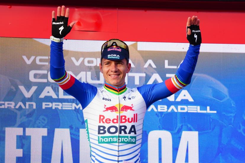 Belgian Remco Evenepoel of Red Bull-BORA-hansgrohe celebrates on the podium after winning stage 4 of the 2026 Volta Comunitat Valenciana, Tour of Valencia cycling race, a race from La Nucia to Teulada Moraira (172,2 km), on Saturday 07 February 2026 in Spain. The race takes place from 4 to 8 February and runs through the three provinces of the Valencian Community. BELGA PHOTO JOMA GARCIA