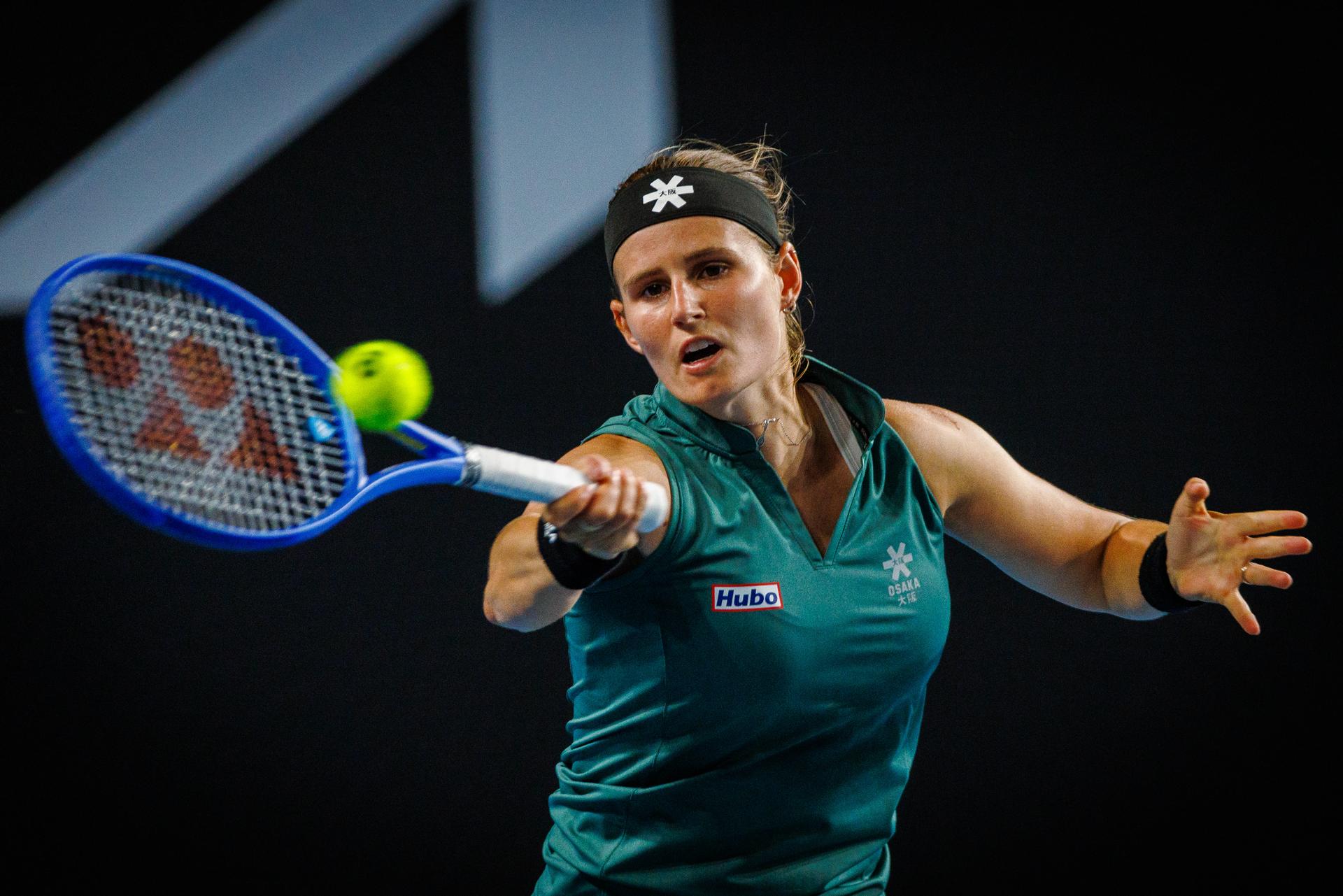 Belgian Greet Minnen pictured in action during a tennis match between Belgian Minnen and Australian Aiava, in the first round of the women's singles at the 'Australian Open' Grand Slam tennis tournament, Monday 13 January 2025 in Melbourne Park, Melbourne, Australia. The 2025 edition of the Australian Grand Slam takes place from January 12th to January 26th. Greet Minnen has lost 7-5, 5-7, 6-7. BELGA PHOTO PATRICK HAMILTON