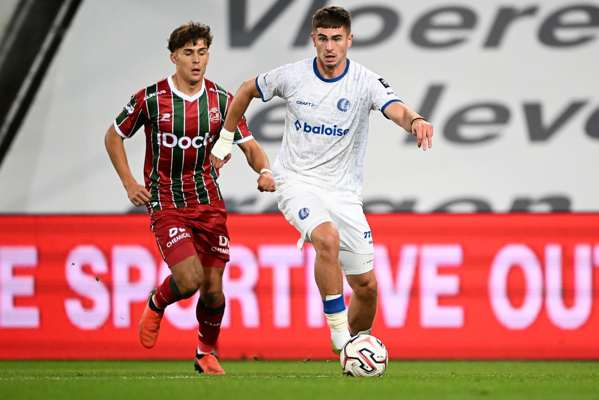 Essevee's Tobias Hedl and Gent's Maksim Paskotsi pictured in action during a soccer match between SV Zulte Waregem and Kaa Gent, Saturday 10 October 2026 in Waregem, on day 8 of the 2026-2027 'Jupiler Pro League' first division of the Belgian championship, in Waregem. BELGA PHOTO JILL DELSAUX