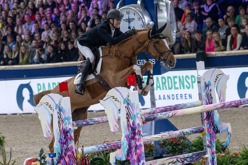 Belgian rider Gilles Thomas with Qalista DN is pictured during the FEI World Cup Jumping competition at the "Vlaanderens Kerstjumping" equestrian event in Mechelen on Tuesday 30 December 2025. BELGA PHOTO JONAS ROOSENS