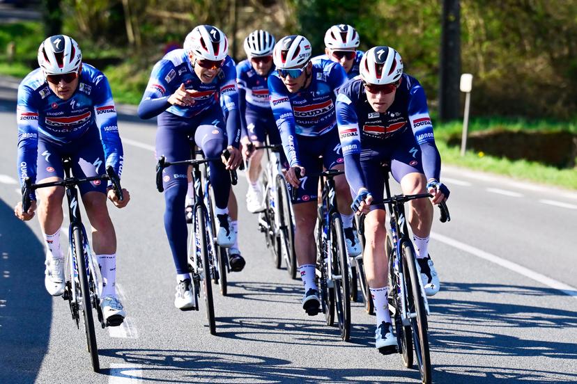 French Paul Magnier of Soudal Quick-Step (2L) pictured during a track reconaissance ahead of the Ronde van Vlaanderen/ Tour des Flandres/ Tour of Flanders cycling race, Thursday 03 April 2025. The 109th edition of the cycling race will take place on Sunday 06 April.  BELGA PHOTO DIRK WAEM