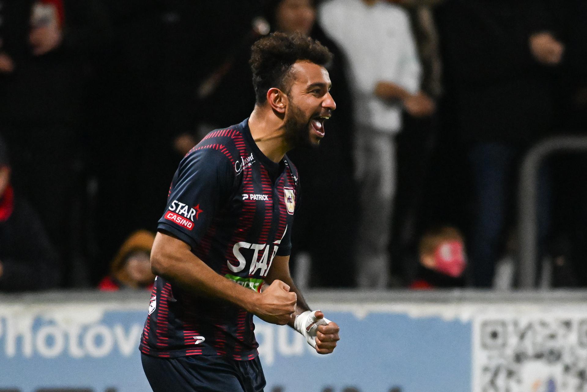 Liege's Pierre-Yves Ngawa celebrates after scoring during a soccer game between RFC Liege and Club NXT, Friday 20 February 2026 in Liege, on day 26 (out of 30) of the 2025-2026 'Challenger Pro League' 1B second division of the Belgian championship. BELGA PHOTO JILL DELSAUX