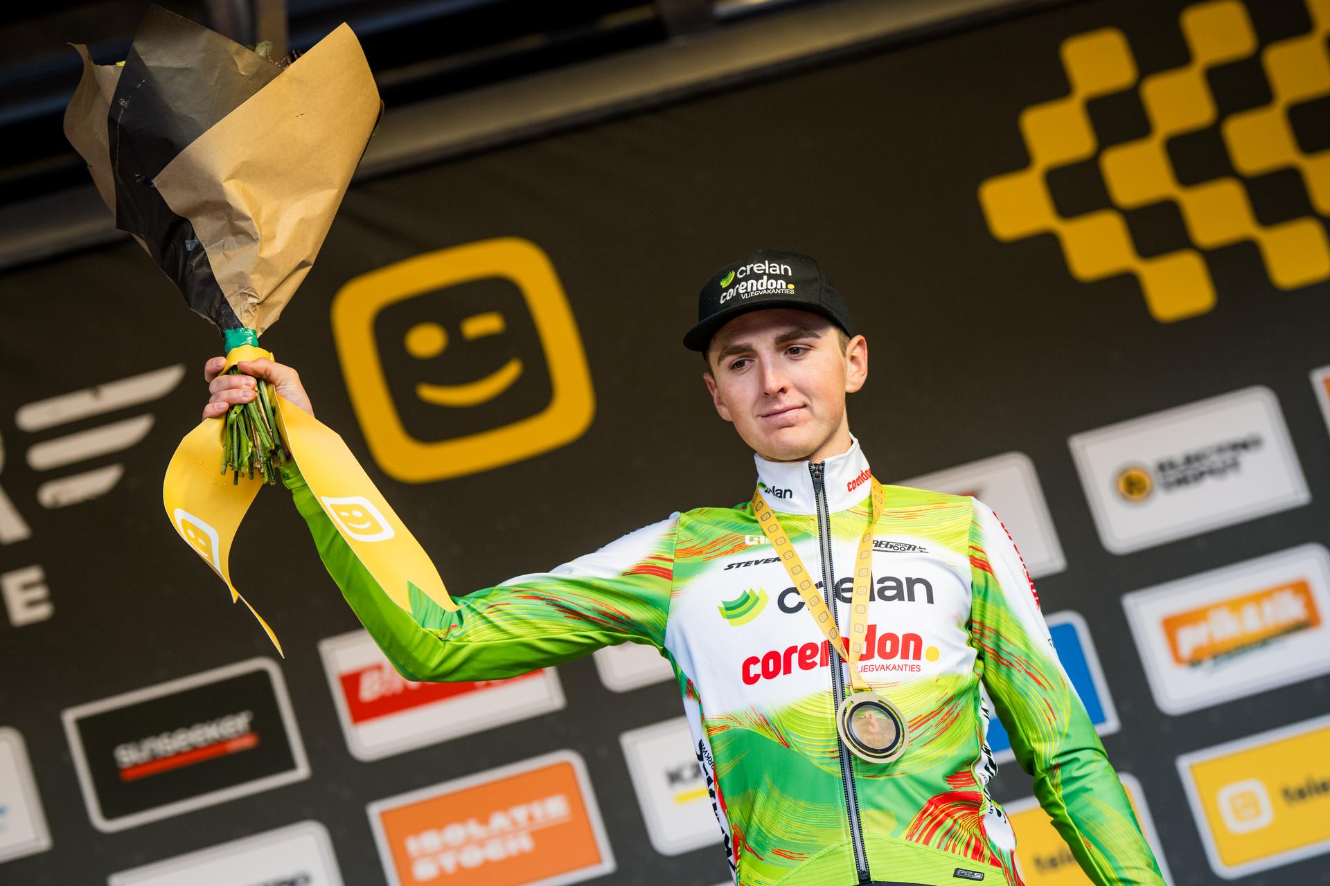 Belgian Emiel Verstrynge pictured on the podium after the men's elite race of the Superprestige race of Overijse, stage 2 (out of 8) in the Superprestige cyclocross competition, in Overijse, Sunday 26 October 2025. BELGA PHOTO JASPER JACOBS