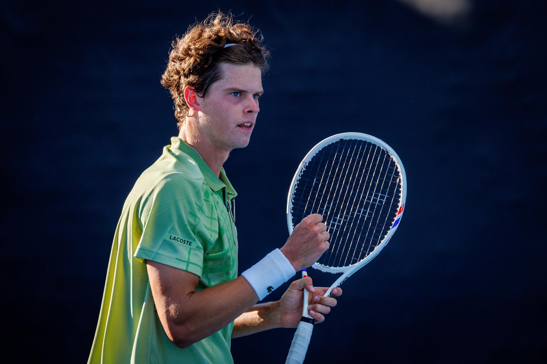 Belgium's Alexander Blockx pictured in action during a first round match in the men's singles against Portuguese Faria at the Australian Open, Melbourne Park, Melbourne on Sunday 18 January 2026.  BELGA PHOTO PATRICK HAMILTON  --- BENELUX ONLY   ---