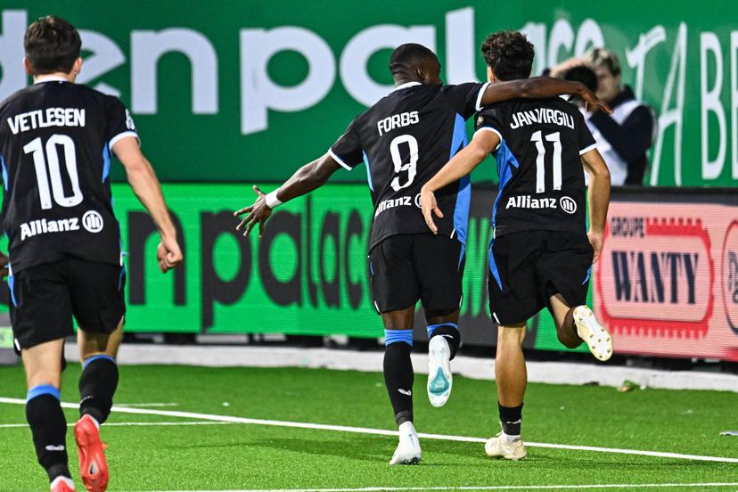 Club's Carlos Forbs and Club's Jan Virgili celebrate after scoring during a soccer match between RAAL La Louviere and Club Brugge, Saturday 10 October 2026 in La Louviere, on day 8 of the 2026-2027 'Jupiler Pro League' first division of the Belgian championship. BELGA PHOTO EMILE WINDAL