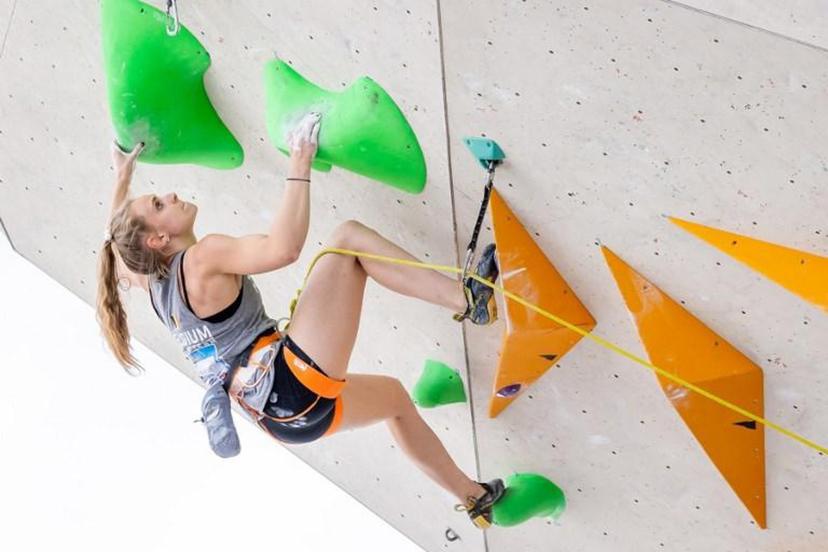 Belgium's Heloise Doumont competes during the semifinal of women Lead competition for the IFSC Climbing World Cup in Innsbruck, Austria, on June 25, 2021.  Johann GRODER / APA / AFP Austria OUT SOUTH TYROL OUT

