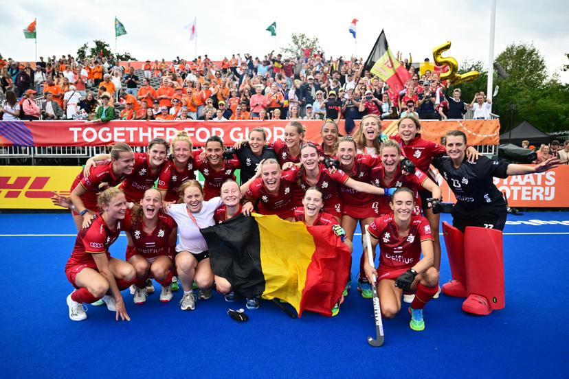 Belgium's players celebrate after winning a field hockey game between Belgian national team Red Panthers and Australië, at the women's 2026 Hockey World Cup, on Saturday 29 August 2026 in Amsterdam. The 2026 edition of the Hockey World Cup takes place in Belgium and The Netherlands from August 15 to August 30. BELGA PHOTO DIRK WAEM