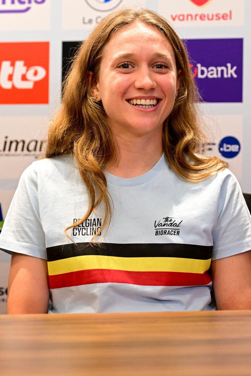 Belgian Tess Moerman pictured at a press conference at the cycling road World Championships, in Kigali, Rwanda, Tuesday 23 September 2025. The 2025 UCI Road World Championships take place from 21 to 28 September in Kigali, Rwanda. BELGA PHOTO DIRK WAEM