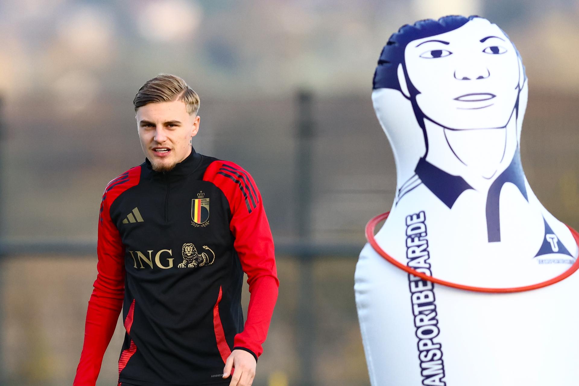 Belgium's Norman Bassette pictured during a training session of the Belgian national soccer team Red Devils U21 ahead of their Euro qualifying match against Austria, at the Royal Belgian Football Association's training center, in Tubize, Tuesday 11 November 2025. BELGA PHOTO BRUNO FAHY