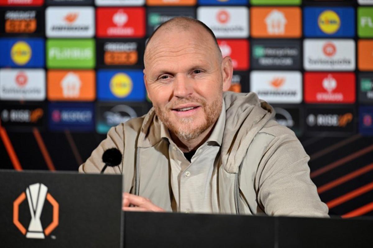 FC Twente's Dutch coach Joseph Oosting addresses a press conference after the UEFA Europa League football match between Malmoe FF and FC Twente in Malmoe, on January 23, 2025. Twente won the match 3-2. Johan NILSSON / TT NEWS AGENCY / AFP