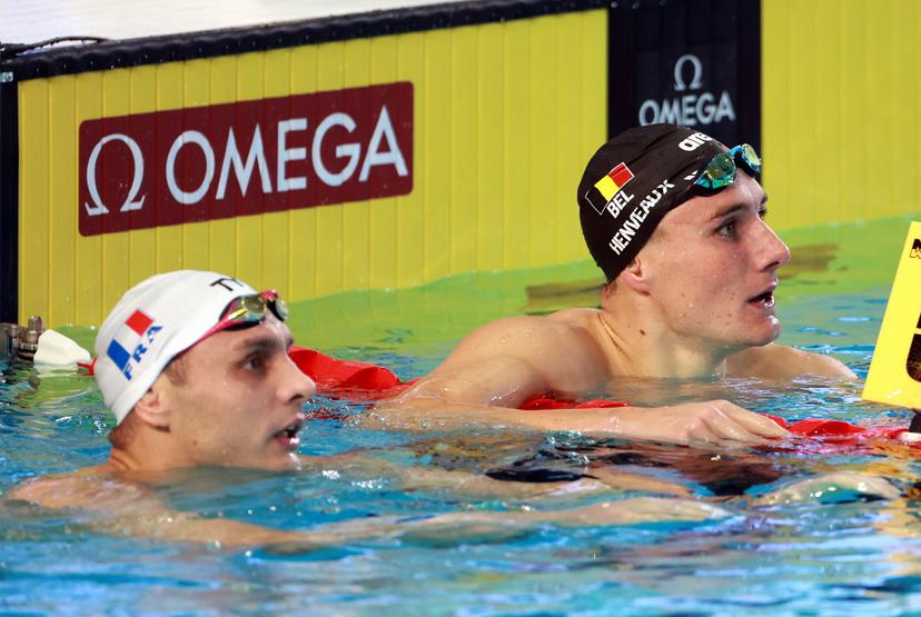 French Roman Fuchs and Belgian Lucas Henveaux pictured in action during the men's 400m freestyle at the European Aquatics Short Course Swimming Championships in Lublin, Poland, on Tuesday 02 December 2025. BELGA PHOTO NIKOLA KRSTIC
