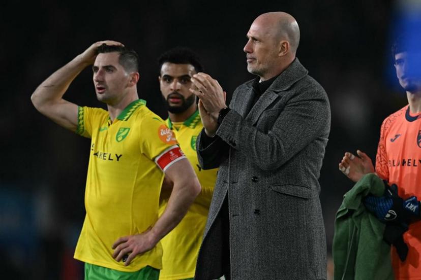 Norwich City's Belgian head coach Philippe Clement applauds their fans after the English FA Cup fifth round football match between Leeds United and Norwich City at Elland Road in Leeds, northern England on March 8, 2026. Leeds won the game 3-0. Paul ELLIS / AFP