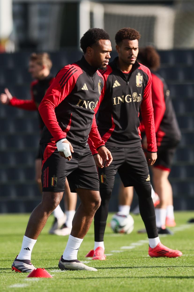 Belgium's Lois Openda and Belgium's Cyril Ngonge pictured during a training session of the Belgian national soccer team Red Devils, at the Royal Belgian Football Association's training center, in Tubize, Sunday 13 October 2024. The Red Devils are playing against France on Monday, for the UEFA Nations League 2025. BELGA PHOTO BRUNO FAHY