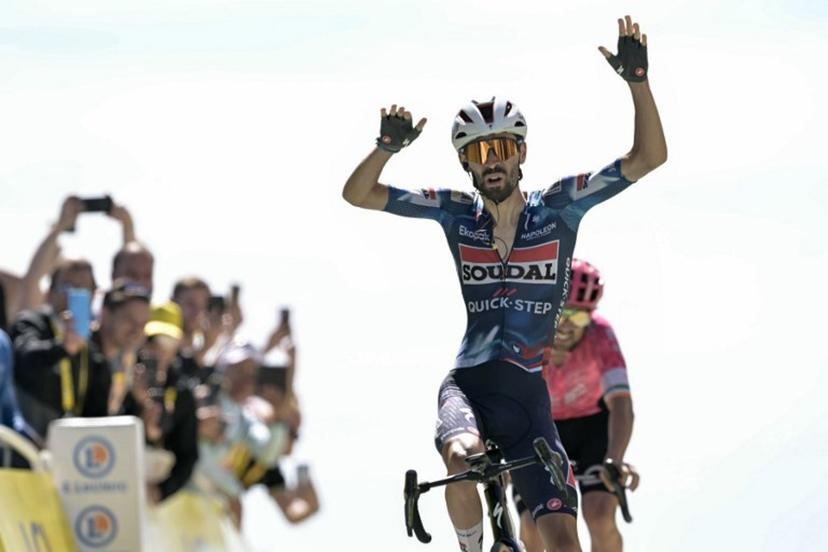 Soudal Quick-Step team's French rider Valentin Paret-Peintre cycles to the finish line to win the 16th stage of the 112th edition of the Tour de France cycling race, 171.5 km between Montpellier and Mont Ventoux, southern France, on July 22, 2025.  Loic VENANCE / AFP
