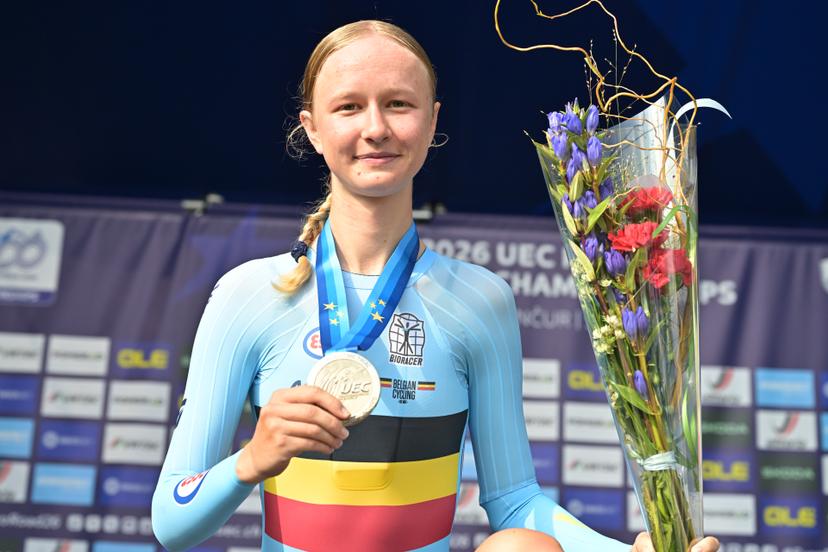 Belgium's Laura Five , winner of the silver medal pictured on the podium of the Women Junior Individual Time Trial race (22km) at the cycling UEC Road European Championships, in Ljubljana, Slovenia, on Wednesday 7 October 2026. The UEC Road European Championships are taking place from 02 to 07 October in Ljubljana, Slovenia. BELGA PHOTO DAVID PINTENS