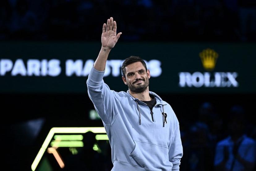 French swimmer Florent Manaudou arrives for the medal ceremony at the end of the men's singles final match on day seven of the Paris ATP Masters 1000 tennis tournament at the Accor Arena - Palais Omnisports de Paris-Bercy - in Paris on November 3, 2024.  JULIEN DE ROSA / AFP