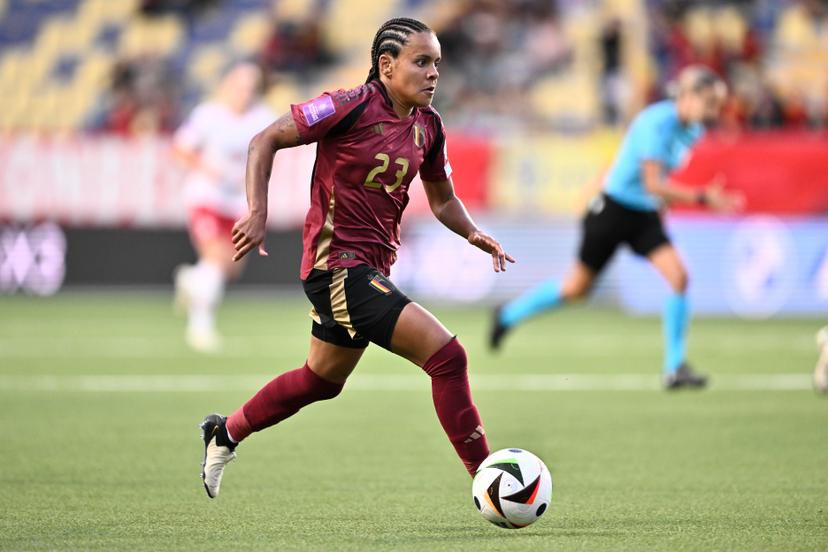 Belgium's Kassandra Ndoutou Eboa Missipo pictured in action during a soccer game between Belgium's national women's team the Red Flames and Denmark, on Friday 12 July 2024 in Sint Truiden, match 5/6 of the qualifications of the 2025 European Championships. BELGA PHOTO JOHAN EYCKENS